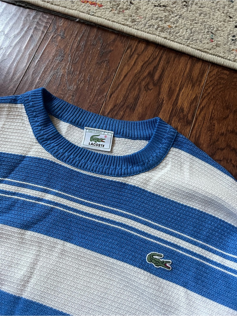 Lacoste White and Blue Horizontal Stripe Crewneck Sweater - Picture 3 of 6